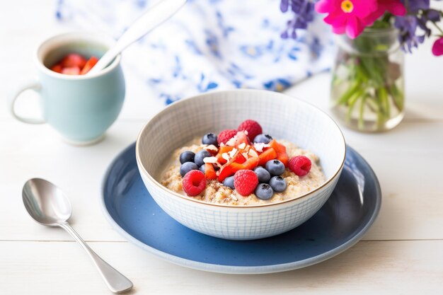 Una ciotola di porridge d'avena con lamponi freschi e mirtilli