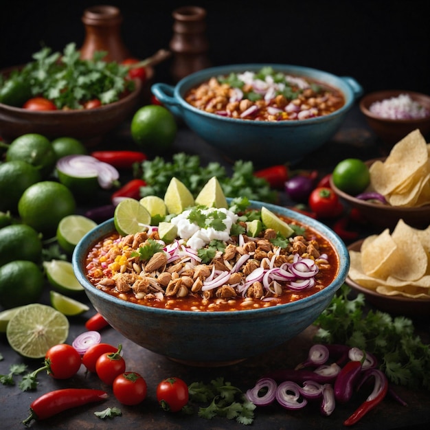 Una ciotola di pozole circondata da vari ingredienti come pomodoro al peperoncino e avocado