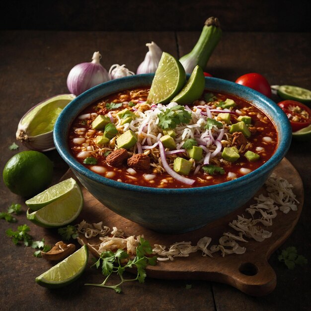 Una ciotola di pozole si trova su un tavolo circondata da ingredienti come pomodoro lime e cilantro