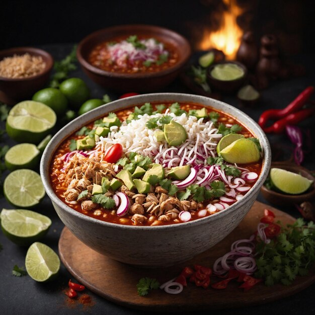 Una ciotola di pozole si trova su un tavolo circondata da ingredienti come pomodoro lime e cilantro