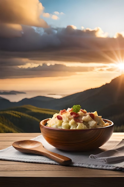 Una ciotola di purè di patate con un cucchiaio su un tavolo con un tramonto sullo sfondo.