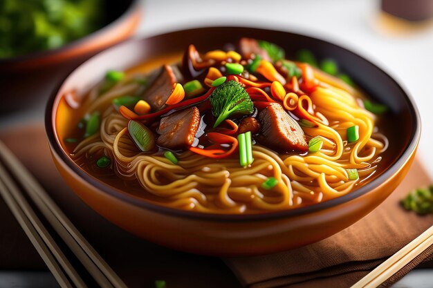 Una ciotola di ramen cinese Chow Mein con un cucchiaio di carne di maiale e carote