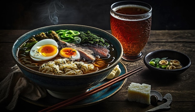 Una ciotola di ramen con accanto un bicchiere di birra