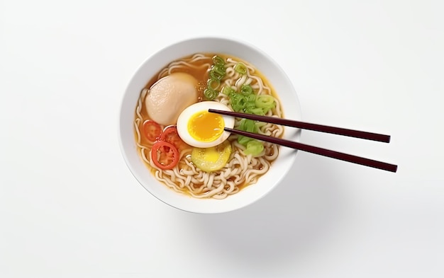 Una ciotola di ramen con le bacchette e un uovo sodo.