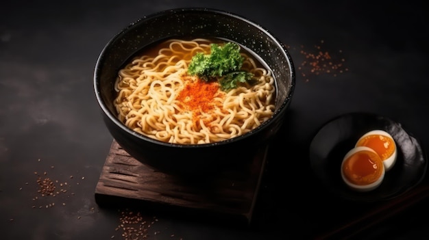 Una ciotola di ramen con salsa verde e arancia.