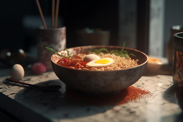 Una ciotola di ramen con sopra un uovo fritto