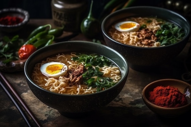 Una ciotola di ramen con sopra un uovo fritto