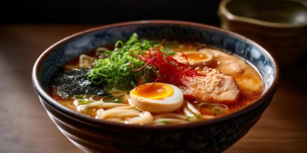 Una ciotola di ramen con sopra un uovo sodo