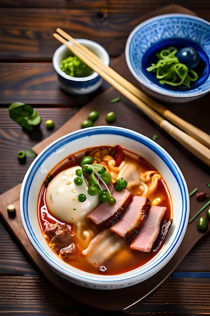 Una ciotola di ramen con un bordo blu e bianco e una ciotola di verdure verdi.