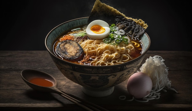 Una ciotola di ramen con un uovo sodo sul lato.