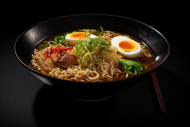 una ciotola di ramen con uova di carne e broccoli