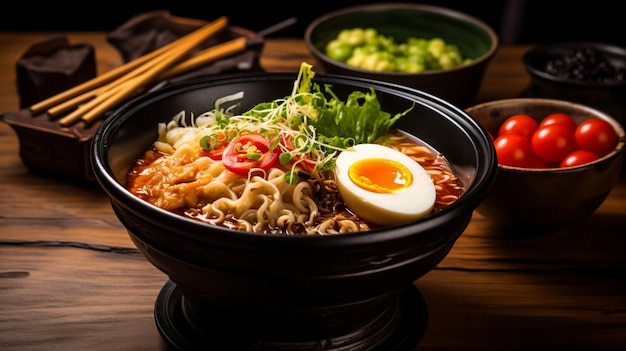 Una ciotola di ramen con zuppa densa e noodles