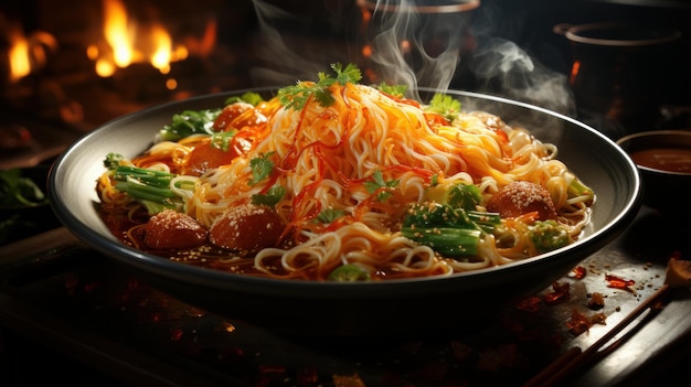 Una ciotola di ramen noodles caldi e fumanti generata dall'IA