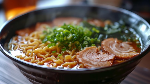 Una ciotola di ramen tradizionale con tagliatelle sottili, carne di maiale tenera e un brodo saporito