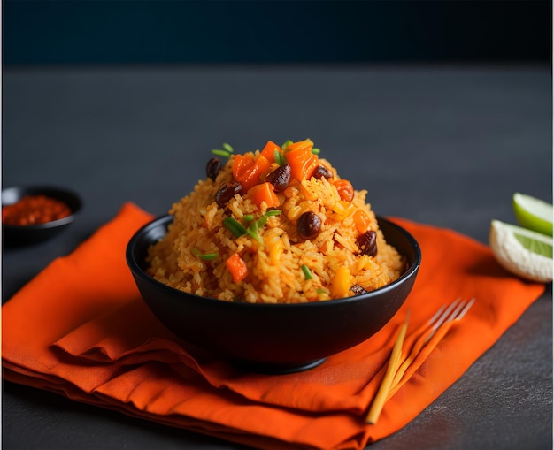 Una ciotola di riso con carote e cipolle si trova su un panno arancione.