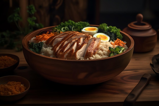 Una ciotola di riso con pollo e verdure sopra