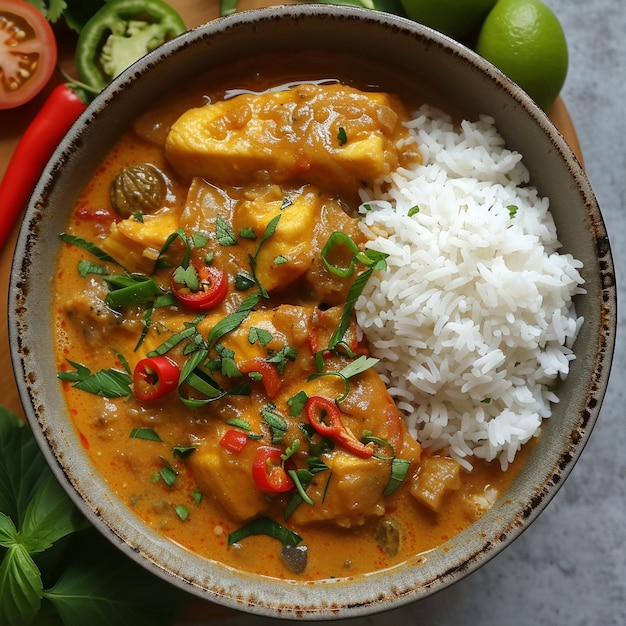 una ciotola di riso con pollo e verdure