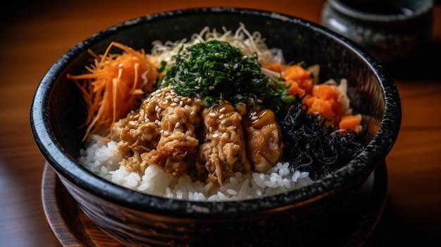 Una ciotola di riso con pollo e verdure.