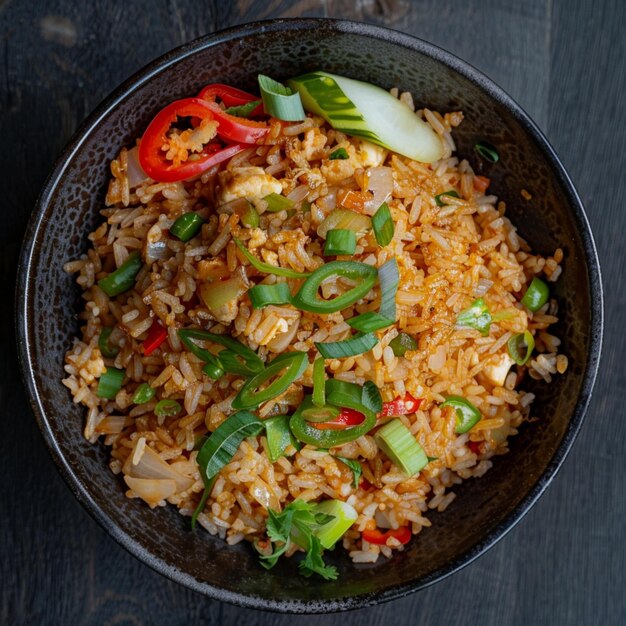 una ciotola di riso con un peperoncino rosso e cipolle