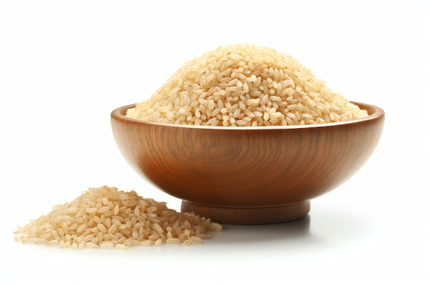 Una ciotola di riso integrale si trova accanto a un mucchio di riso integrale.