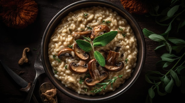 Una ciotola di risotto con sopra i funghi