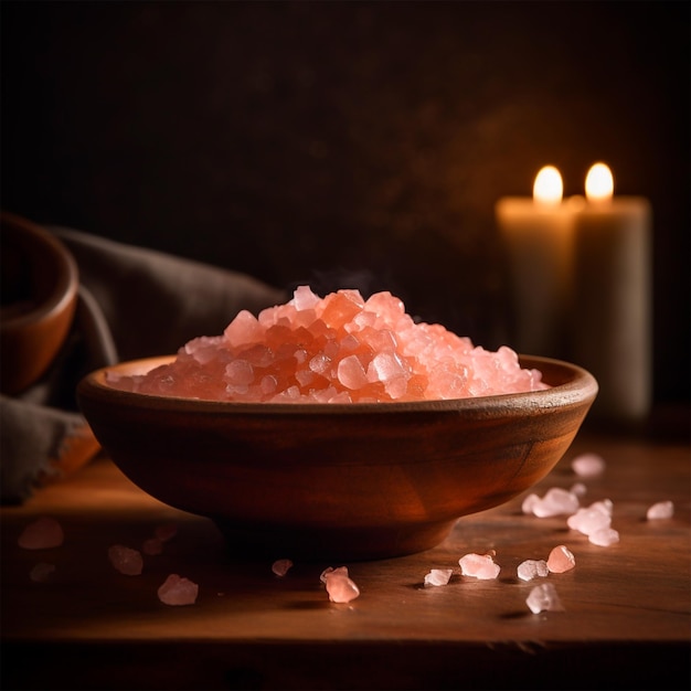 Una ciotola di sale rosa si trova su un tavolo accanto a una candela.
