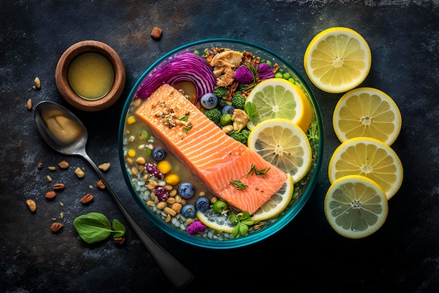 Una ciotola di salmone con accanto un cucchiaio