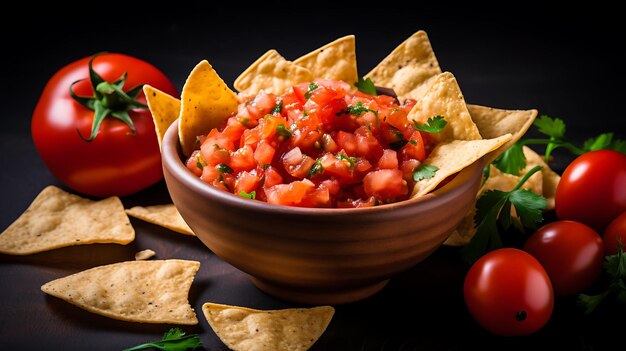 Una ciotola di salsa fatta in casa con patatine di tortilla su uno sfondo semplice