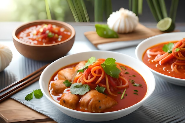 Una ciotola di salsa rossa con spaghetti e salsa di pomodoro.