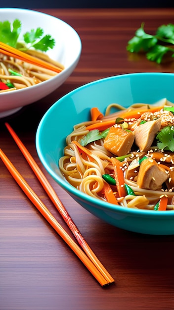 Una ciotola di spaghetti asiatici con pollo e verdure.