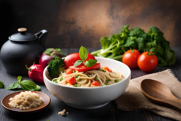 Una ciotola di spaghetti con contorno di pane e verdure su un tavolo di legno.