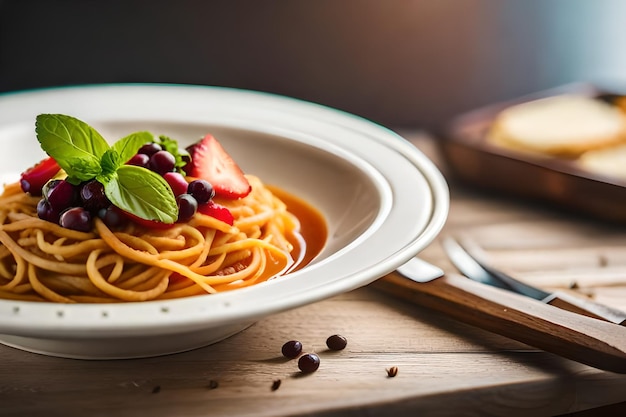 una ciotola di spaghetti con fragole e salsa di cioccolato.