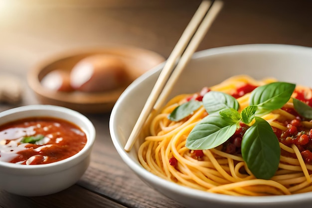 Una ciotola di spaghetti con le bacchette e una ciotola di salsa