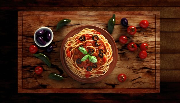 Una ciotola di spaghetti con olive e olive su un tavolo di legno.