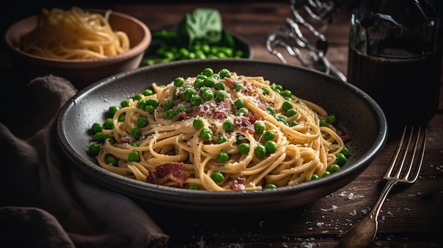 Una ciotola di spaghetti con piselli e pancetta in cima