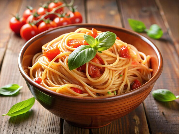 Foto una ciotola di spaghetti con pomodori e basilico