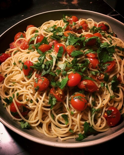 Una ciotola di spaghetti con pomodori e prezzemolo in cima.