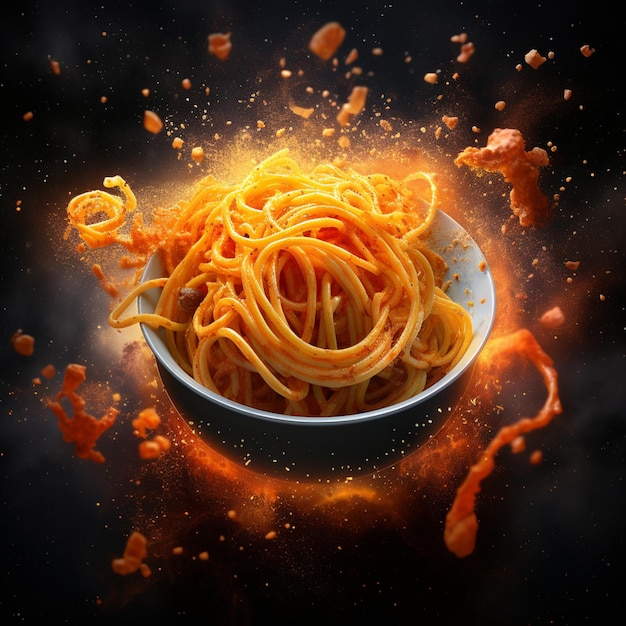 Una ciotola di spaghetti con salsa all'arancia e salsa all'arancia.