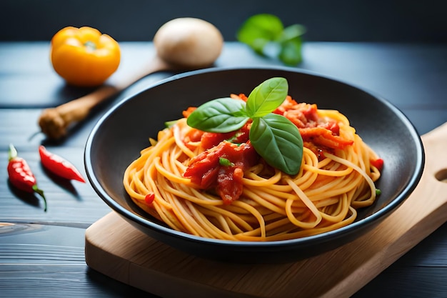 Una ciotola di spaghetti con salsa di pomodoro e basilico su un tavolo di legno.