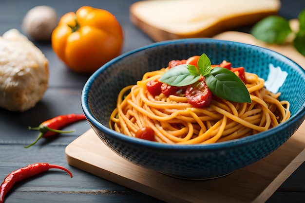 Una ciotola di spaghetti con salsa di pomodoro su un tavolo di legno.