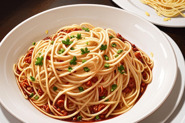 Una ciotola di spaghetti con salsa rossa e cipolle verdi in cima.