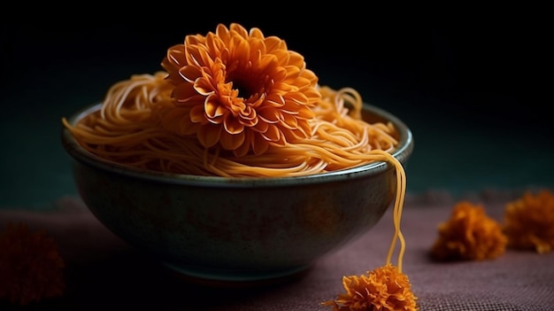 Una ciotola di spaghetti con sopra dei fiori d'arancio