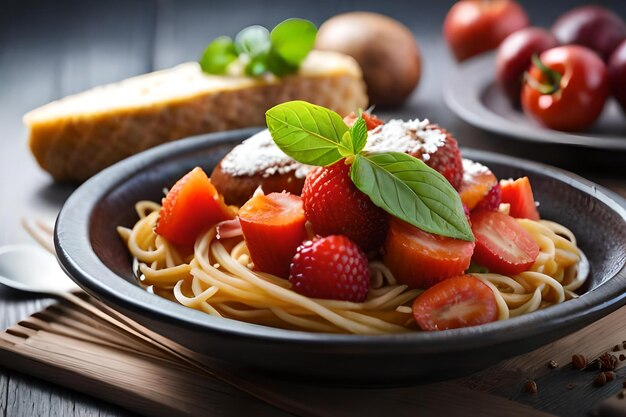 Una ciotola di spaghetti con sopra fragole e basilico.