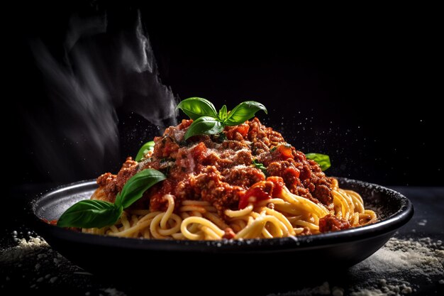 Una ciotola di spaghetti con sugo di carne e foglie di basilico su uno sfondo scuro