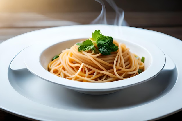 Una ciotola di spaghetti con un vapore che sale dall'alto.