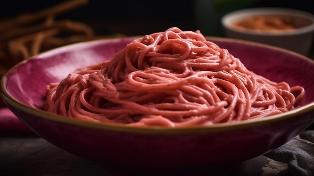 Una ciotola di spaghetti con una ciotola rossa di polpette.