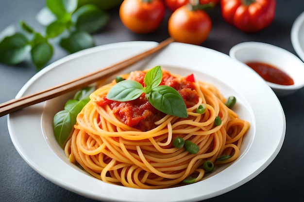 Una ciotola di spaghetti con una forchetta e una ciotola di salsa di pomodoro.