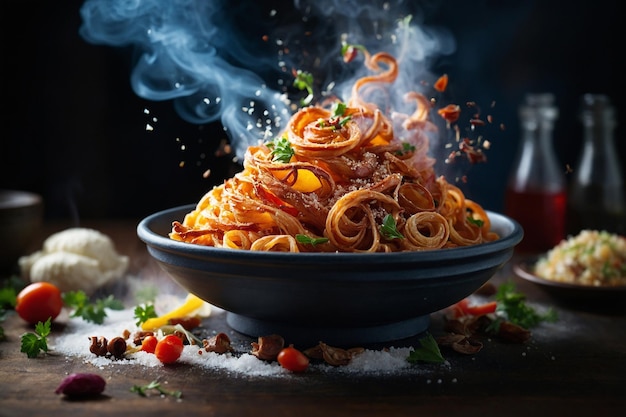 una ciotola di spaghetti con una tazza di tagliatelle e verdure