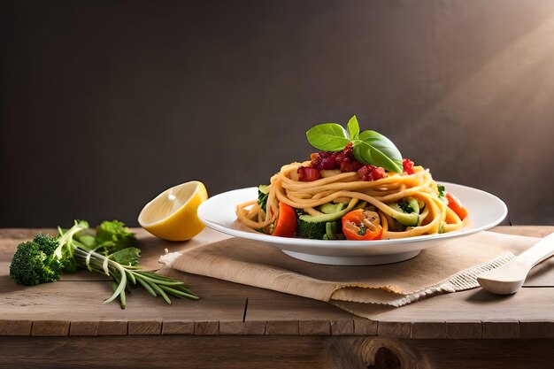 Una ciotola di spaghetti con verdure su un tavolo di legno.