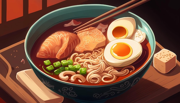 Una ciotola di spaghetti di ramen piccanti con l'illustrazione di arte digitale del bastoncino